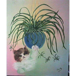 Vintage 16 X 20 Kitten Portrait Oil Painting on Canvas